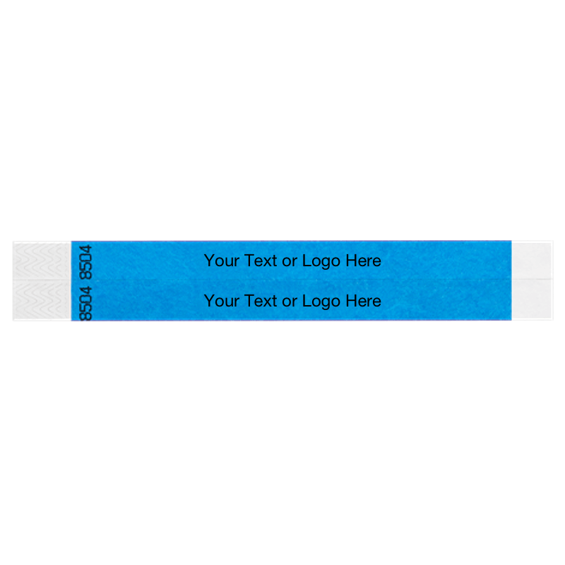 two neon blue tyvek 3/4" wristbands showing duplicate numbers with a placeholder to customize your text or logo