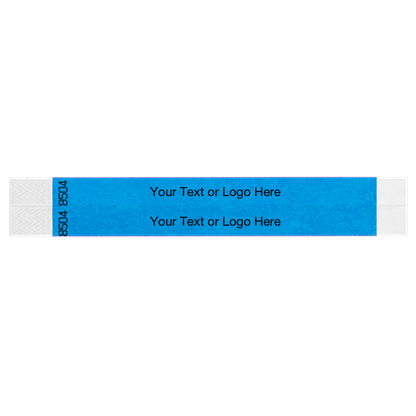 two neon blue tyvek 3/4" wristbands showing duplicate numbers with a placeholder to customize your text or logo