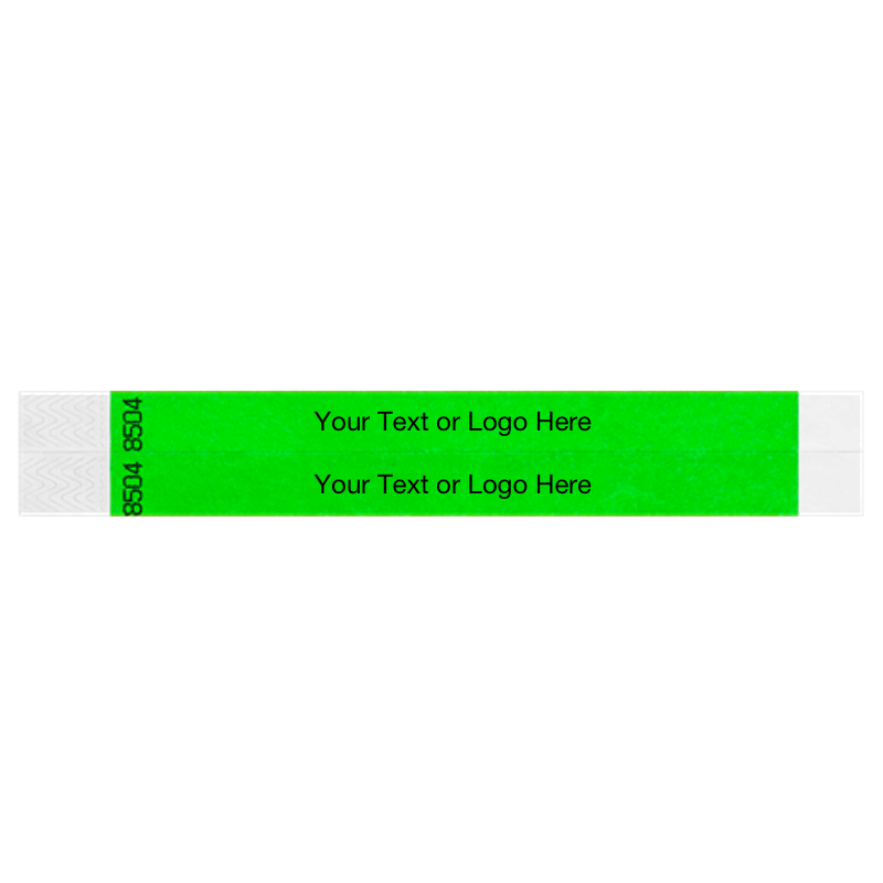 two neon green tyvek 3/4" wristbands showing duplicate numbers with a placeholder to customize your text or logo