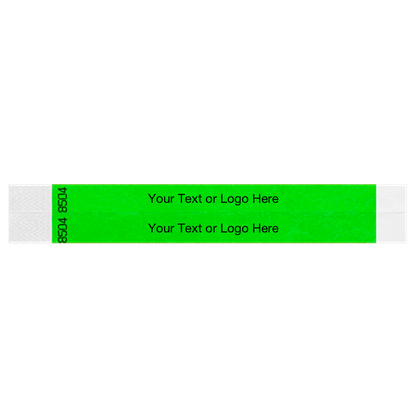 two neon green tyvek 3/4" wristbands showing duplicate numbers with a placeholder to customize your text or logo
