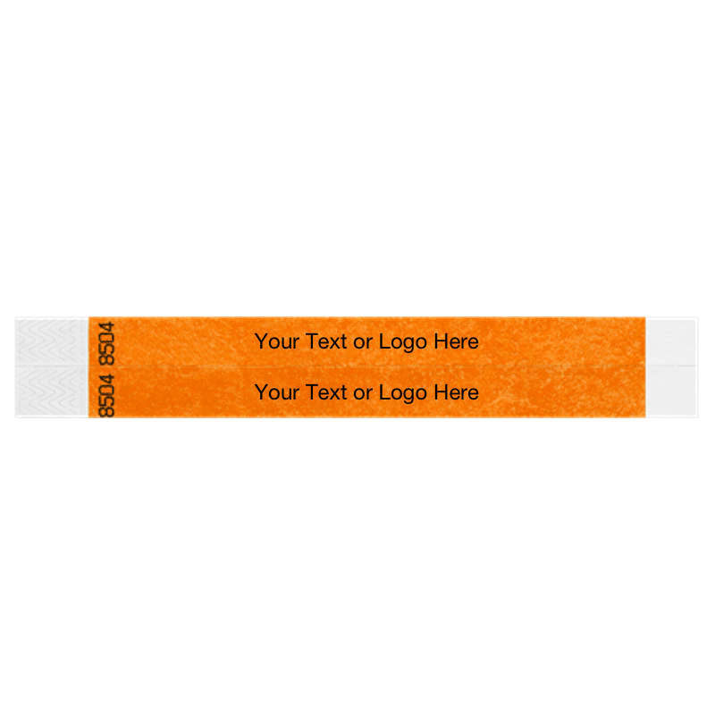 two neon orange tyvek 3/4" wristbands showing duplicate numbers with a placeholder to customize your text or logo