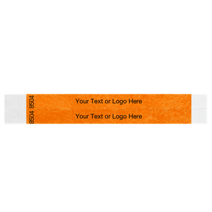 two neon orange tyvek 3/4" wristbands showing duplicate numbers with a placeholder to customize your text or logo
