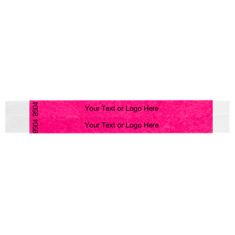 two neon pink tyvek 3/4" wristbands showing duplicate numbers with a placeholder to customize your text or logo