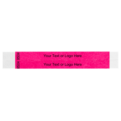 two neon pink tyvek 3/4" wristbands showing duplicate numbers with a placeholder to customize your text or logo