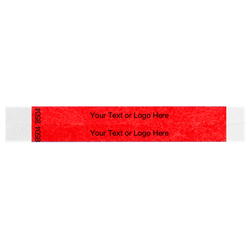 two neon red tyvek 3/4" wristbands showing duplicate numbers with a placeholder to customize your text or logo