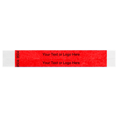 two neon red tyvek 3/4" wristbands showing duplicate numbers with a placeholder to customize your text or logo