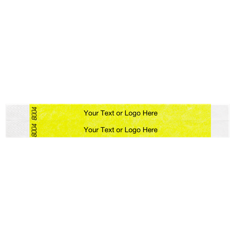 two neon yellow tyvek 3/4" wristbands showing duplicate numbers with a placeholder to customize your text or logo