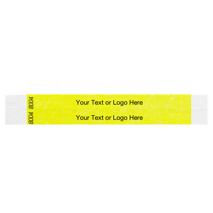 two neon yellow tyvek 3/4" wristbands showing duplicate numbers with a placeholder to customize your text or logo