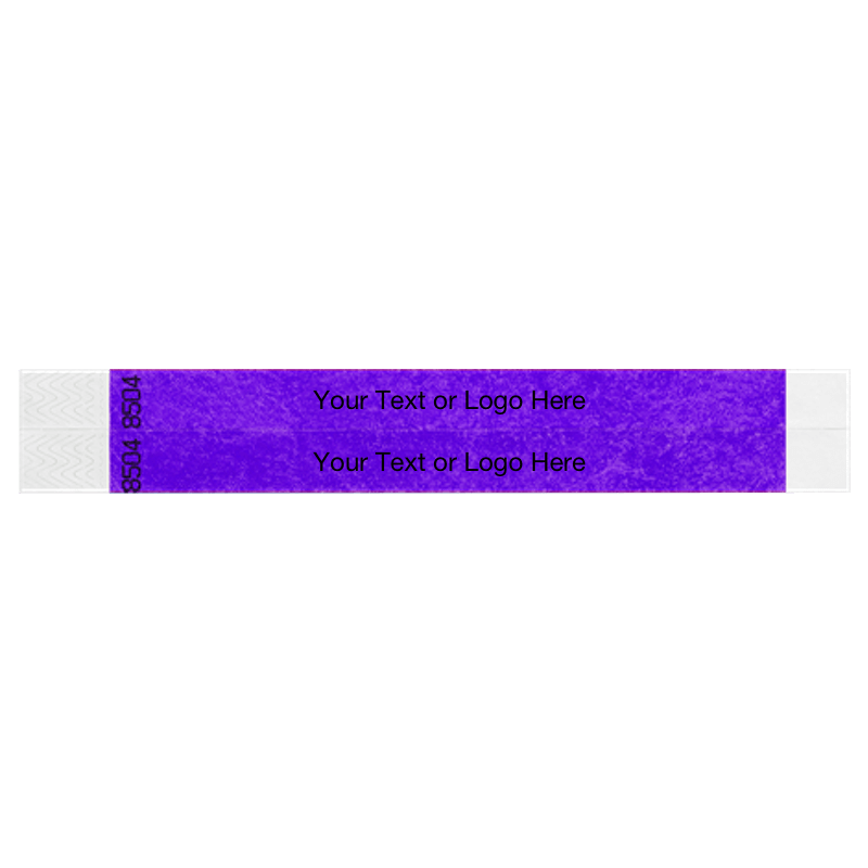 two purple tyvek 3/4" wristbands showing duplicate numbers with a placeholder to customize your text or logo
