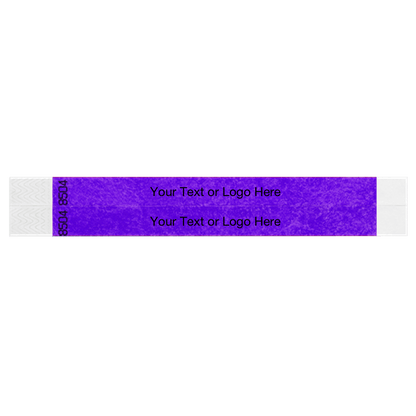 two purple tyvek 3/4" wristbands showing duplicate numbers with a placeholder to customize your text or logo
