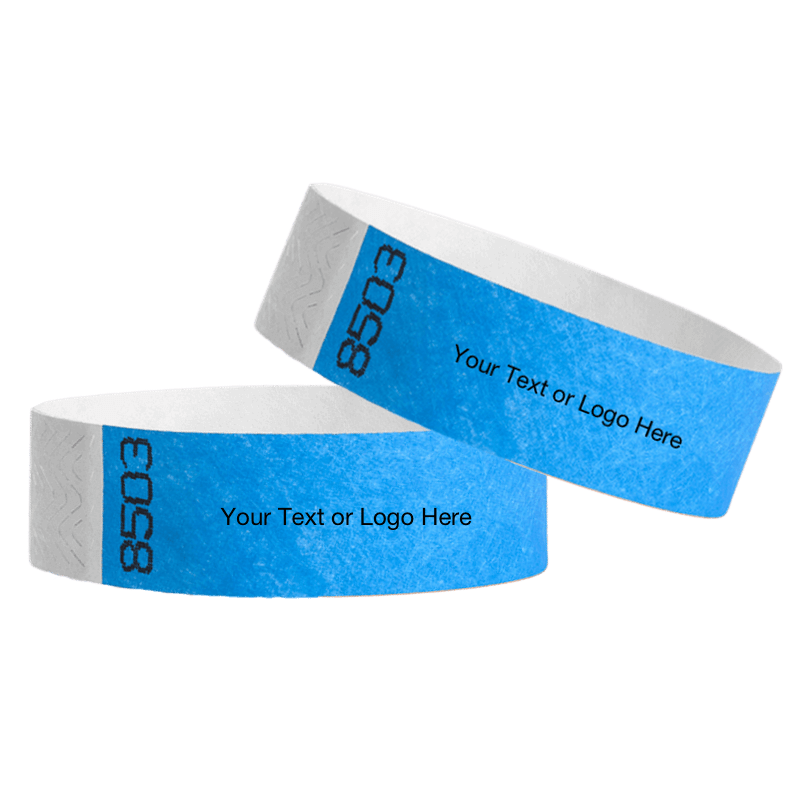 two neon blue tyvek 3/4" wristbands showing duplicate numbers with a placeholder to customize your text or logo
