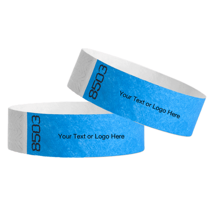 two neon blue tyvek 3/4" wristbands showing duplicate numbers with a placeholder to customize your text or logo