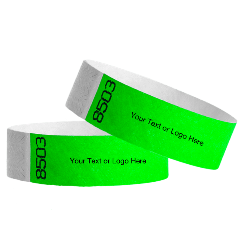 two neon green tyvek 3/4" wristbands showing duplicate numbers with a placeholder to customize your text or logo