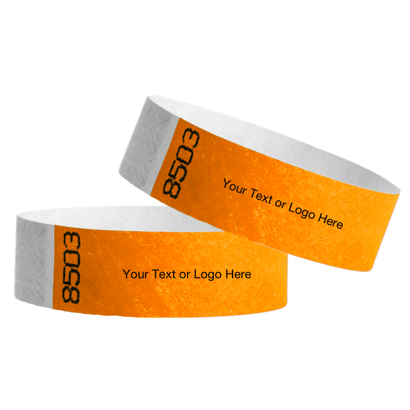 two neon orange tyvek 3/4" wristbands showing duplicate numbers with a placeholder to customize your text or logo