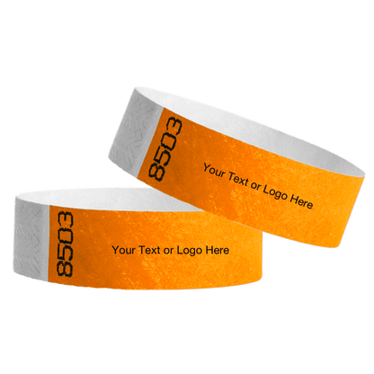 two neon orange tyvek 3/4" wristbands showing duplicate numbers with a placeholder to customize your text or logo