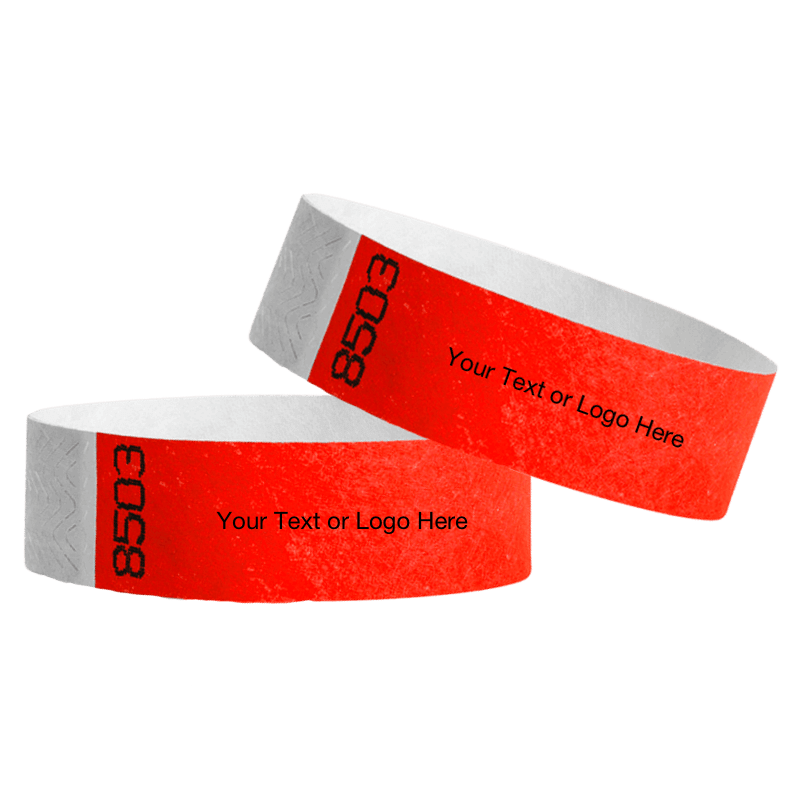 two neon red tyvek 3/4" wristbands showing duplicate numbers with a placeholder to customize your text or logo