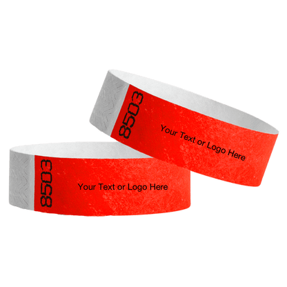 two neon red tyvek 3/4" wristbands showing duplicate numbers with a placeholder to customize your text or logo
