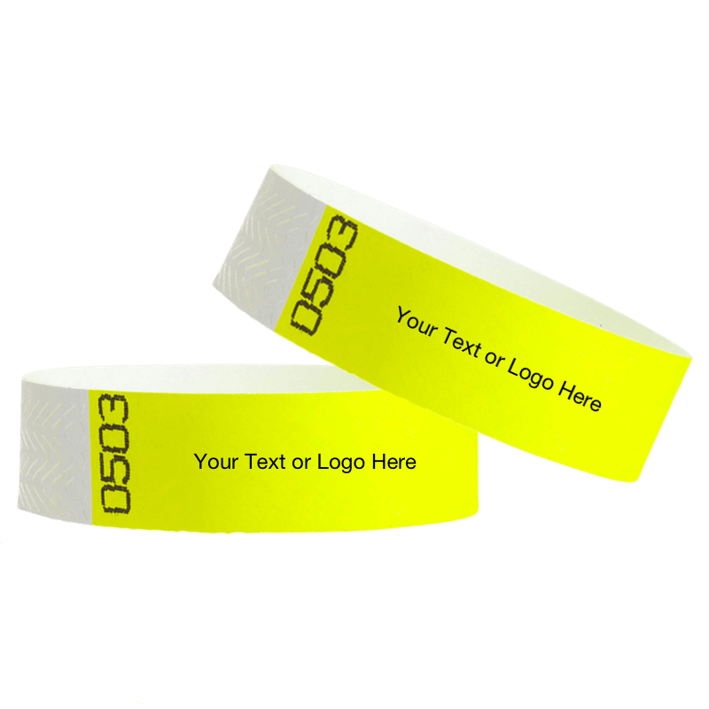 two neon yellow tyvek 3/4" wristbands showing duplicate numbers with a placeholder to customize your text or logo