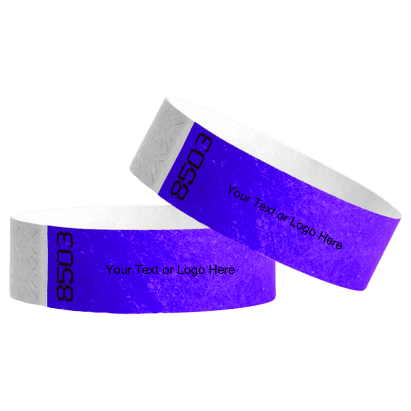 two neon purple tyvek 3/4" wristbands showing duplicate numbers with a placeholder to customize your text or logo