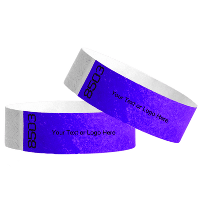 two neon purple tyvek 3/4" wristbands showing duplicate numbers with a placeholder to customize your text or logo