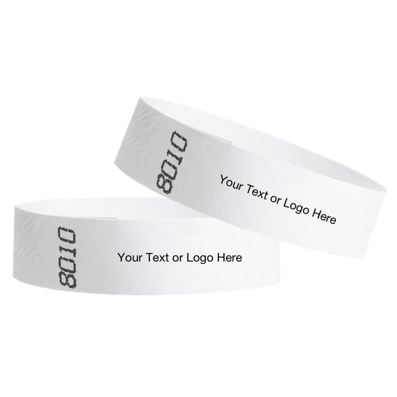 two white tyvek 3/4" wristbands showing duplicate numbers with a placeholder to customize your text or logo