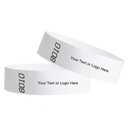 two white tyvek 3/4" wristbands showing duplicate numbers with a placeholder to customize your text or logo