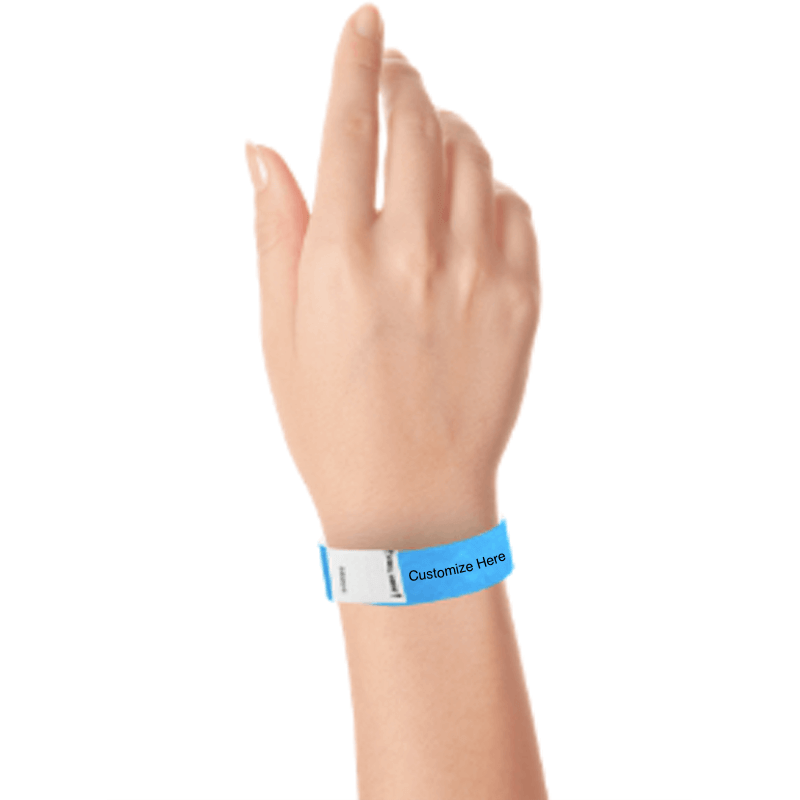 hand wearing a neon blue tyvek 3/4" litter free wristband with a placeholder for customizing with your text or logo