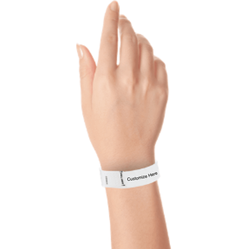 hand wearing a white tyvek 3/4" litter free wristband with a placeholder for customizing with your text or logo