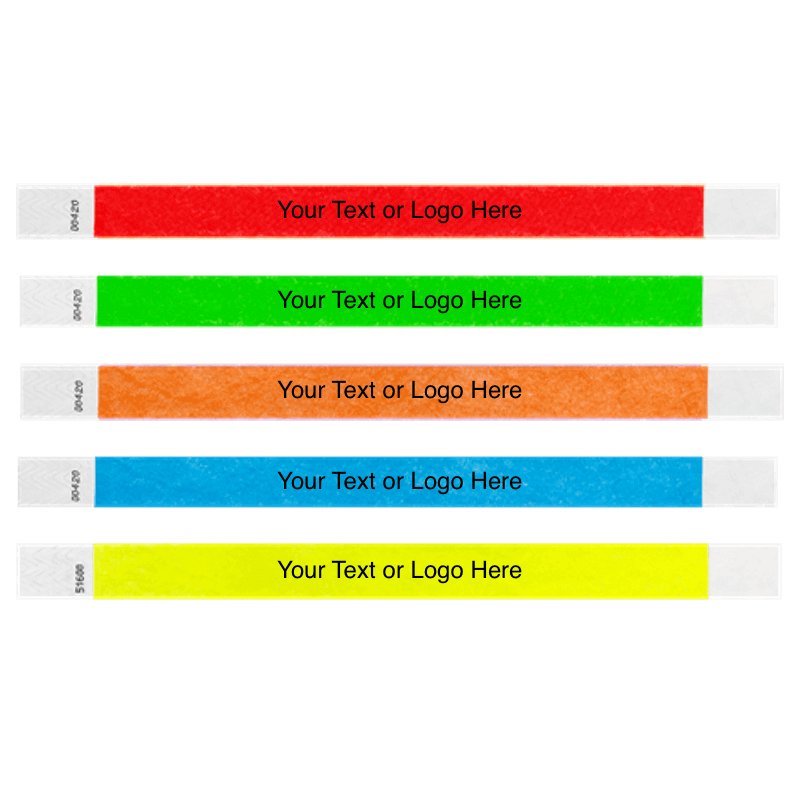  tyvek 3/4" solid wristband showing placeholder for customization in a multi pack - 100 of each colour - neon red, neon green, neon orange, neon blue and neon yellow