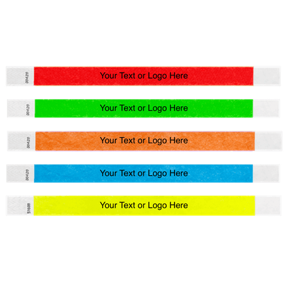  tyvek 3/4" solid wristband showing placeholder for customization in a multi pack - 100 of each colour - neon red, neon green, neon orange, neon blue and neon yellow