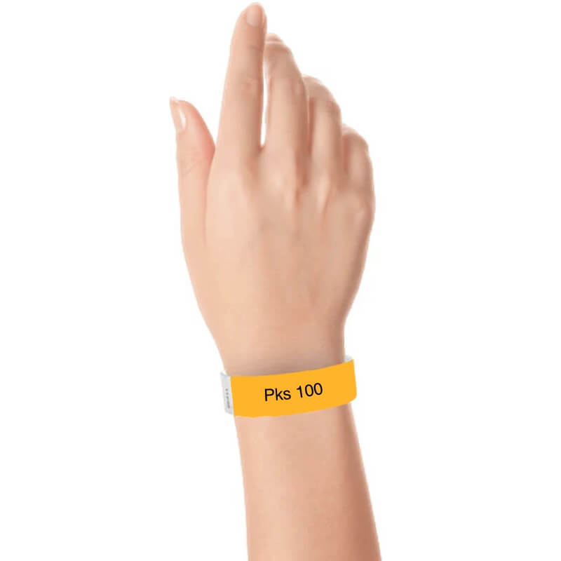 a hand wearing tyvek 3/4" wristband solid goldenrod pks 100