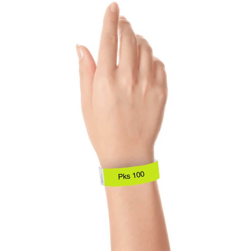 a hand wearing tyvek 3/4" wristband solid lime green pks 100
