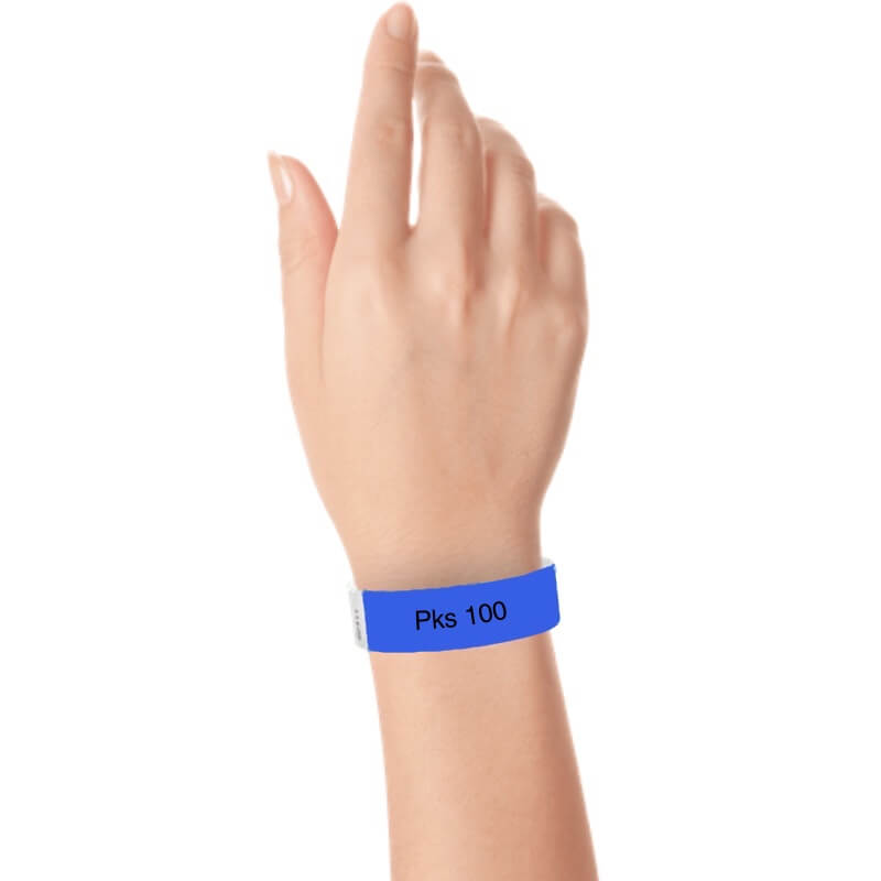a hand wearing tyvek 3/4" wristband solid marine blue pks 100