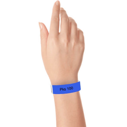 a hand wearing tyvek 3/4" wristband solid marine blue pks 100