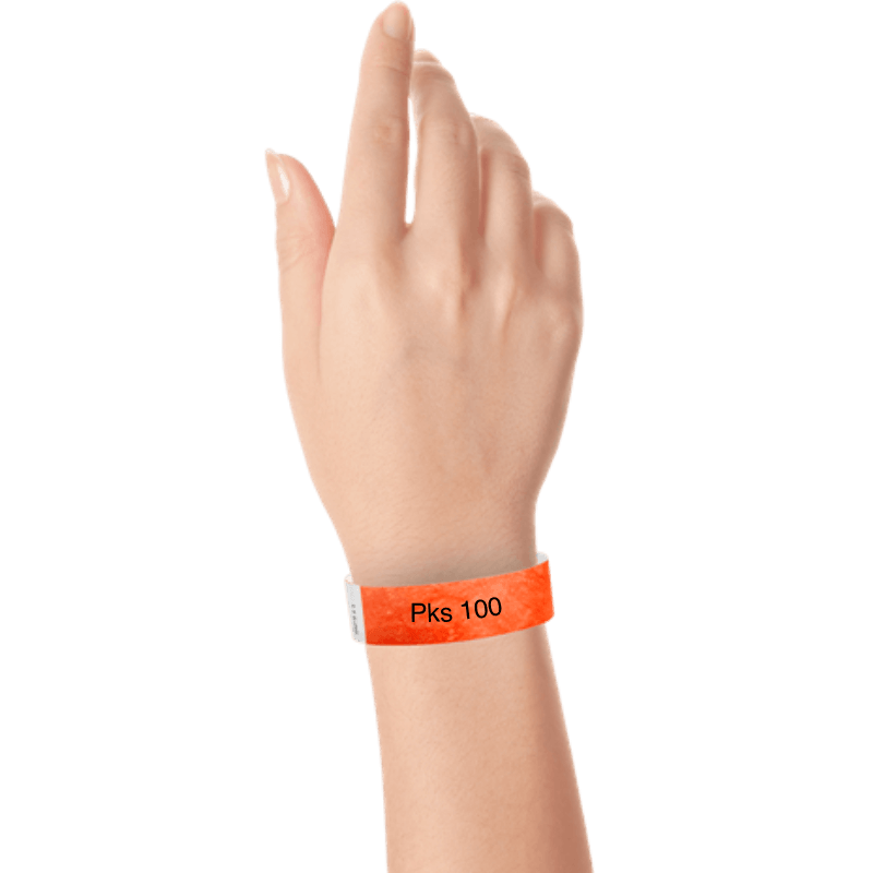 a hand wearing tyvek 3/4" wristband solid coral red pks 100