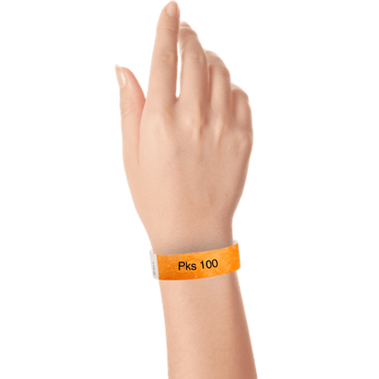 a hand wearing tyvek 3/4" wristband solid neon orange pks 100