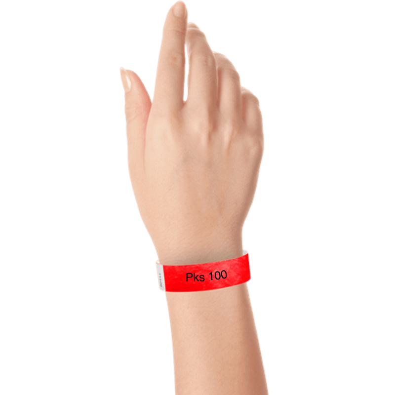 a hand wearing tyvek 3/4" wristband solid neon red pks 100