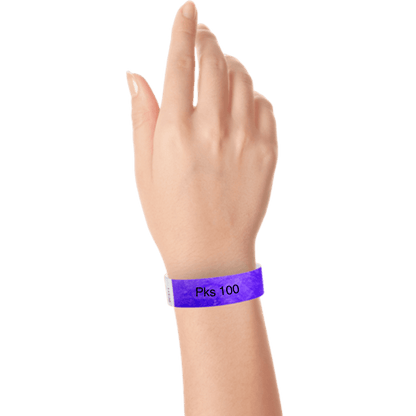 a hand wearing tyvek 3/4" wristband solid purple pks 100
