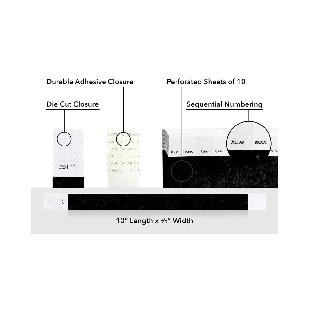 detailed information about product showing a durable die cut adhesive closure, sequential numbering and perforated sheets of 10 on tyvek 3/4" wristbands shown in solid black 