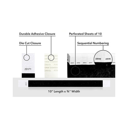detailed information about product showing a durable die cut adhesive closure, sequential numbering and perforated sheets of 10 on tyvek 3/4" wristbands shown in solid black 