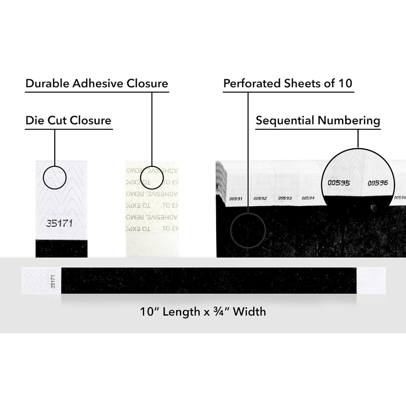 detailed information about product showing a durable die cut adhesive closure, sequential numbering and perforated sheets of 10 on tyvek 3/4" wristbands shown in black