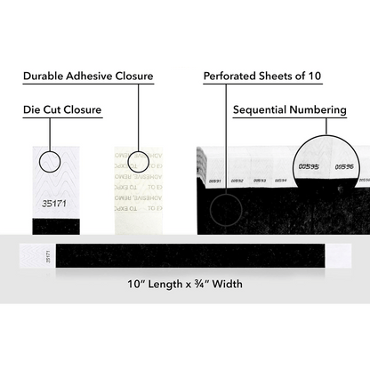 detailed information about product showing a durable die cut adhesive closure, sequential numbering and perforated sheets of 10 on tyvek 3/4" wristbands shown in black
