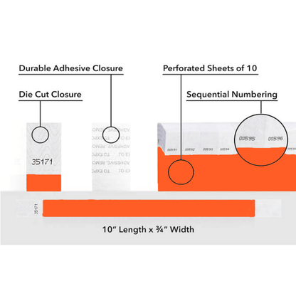detailed information about product showing a durable die cut adhesive closure, sequential numbering and perforated sheets of 10 on tyvek 3/4" wristbands shown in coral red