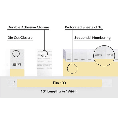 Diagram of packaging features including durable adhesive closure, die cut closure, perforated sheets, sequential numbering, and packaging details.  shown on tyvek 3/4" wristband solid gold pks 100