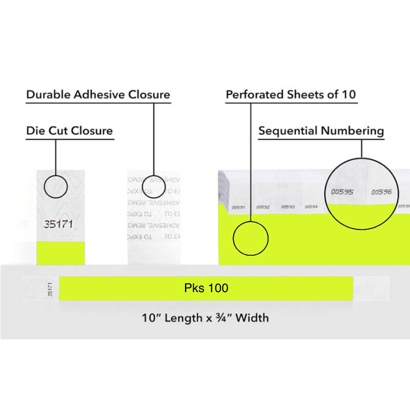 Diagram of packaging features including durable adhesive closure, die cut closure, perforated sheets, sequential numbering, and packaging details.  shown on tyvek 3/4" wristband solid lime green pks 100