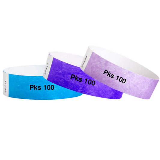 tyvek3/4"solid wristbands in pks of 100 - shown in neon blue, purple, berry