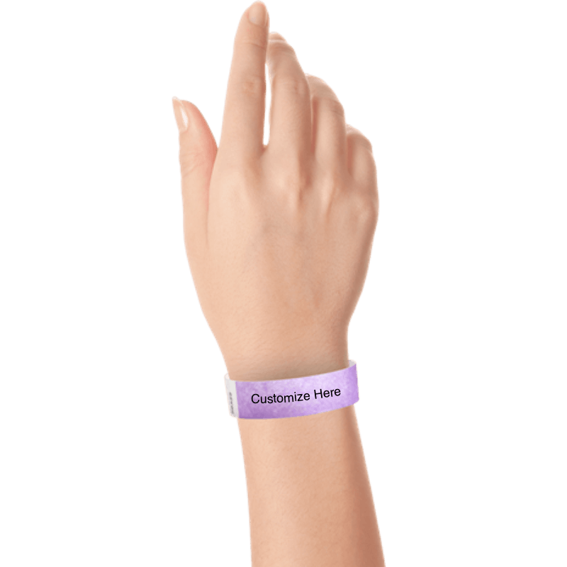 wrist wearing tyvek 3/4" solid wristband showing placeholder for customization in berry
