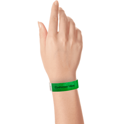 wrist wearing tyvek 3/4" solid wristband showing placeholder for customization in kelly green