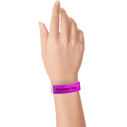 wrist wearing tyvek 3/4" solid wristband showing placeholder for customization in pantone purple