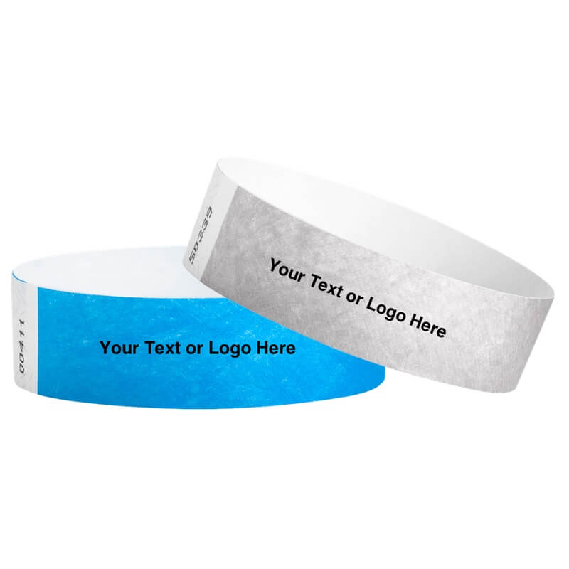 Two customizable event tyvek wristbands with text or logo placeholder 